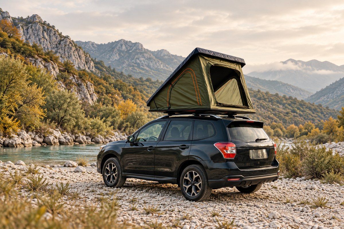 Rooftop tent on a car beside a river in an autumn landscape